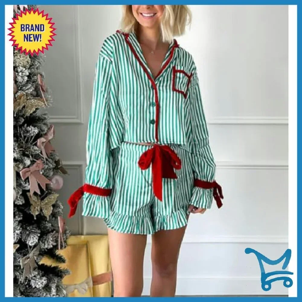 Silk Satin Pajama Set Long Sleeve Bow Tie Shirt Shorts Sleepwear